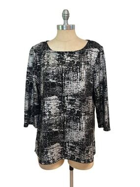 Chico's Easywear Black & Silver Abstract Print 3/4 Sleeve Top Size 2 Large